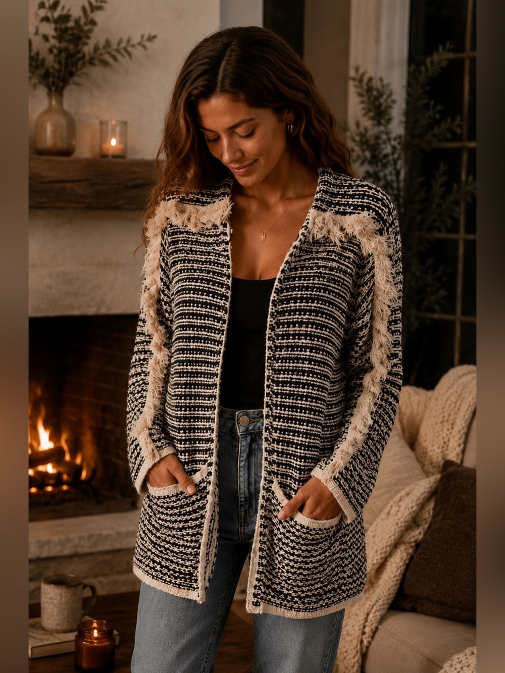 Knox Rose Black and White Striped Cardigan Sweater